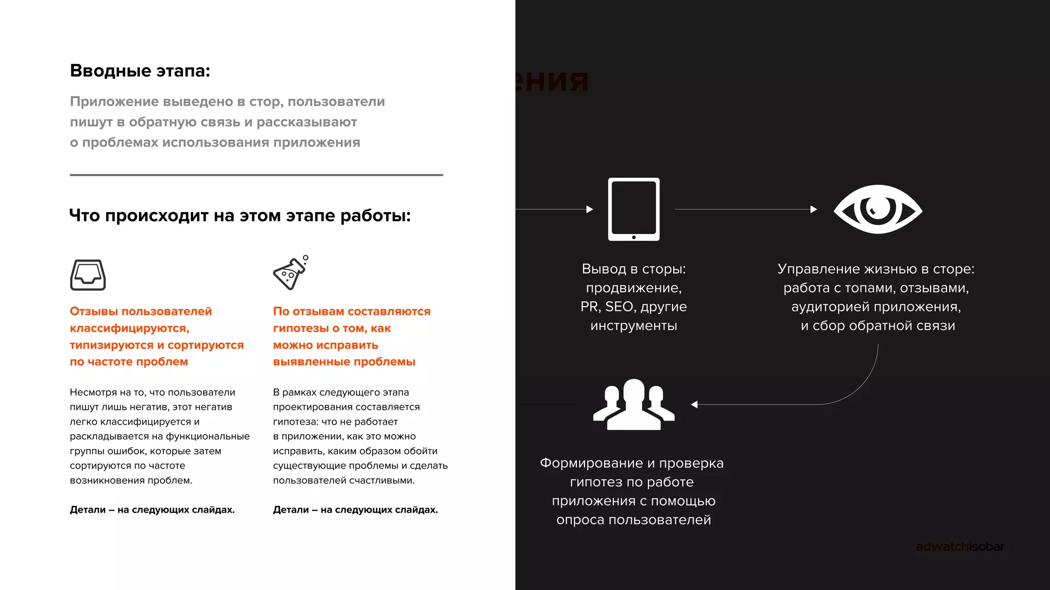 Жизненный цикл приложения 
Вводные этапа: 
Приложение выведено в стор, пользователи 
пишут в обратную связь и рассказывают 
о проблемах использования приложения 
Проектирование: 
приложение как 
сервис, тестирование 
на этапе проекта 
Производство 
приложения 
(нативная разработка) 
Проектирование, 
улучшение, внутренний 
usability тест улучшений, 
передача в разработку 
Управление жизнью в сторе: 
работа с топами, отзывами, 
аудиторией приложения, 
и сбор обратной связи 
Что происходит на этом этапе работы: 
Отзывы пользователей 
классифицируются, 
типизируются и сортируются 
по частоте проблем 
Несмотря на то, что пользователи 
пишут лишь негатив, этот негатив 
легко классифицируется и 
раскладывается на функциональные 
группы ошибок, которые затем 
сортируются по частоте 
возникновения проблем. 
Детали – на следующих слайдах. 
По отзывам составляются 
гипотезы о том, как 
можно исправить 
выявленные проблемы 
В рамках следующего этапа 
проектирования составляется 
гипотеза: что не работает 
в приложении, как это можно 
исправить, каким образом обойти 
существующие проблемы и сделать 
пользователей счастливыми. 
Детали – на следующих слайдах. 
Вывод в сторы: 
продвижение, 
PR, SEO, другие 
инструменты 
Формирование и проверка 
гипотез по работе 
приложения с помощью 
опроса пользователей 
 