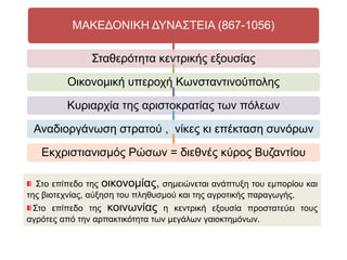 ΜΑΚΕΔΟΝΙΚΗ ΔΥΝΑΣΤΕΙΑ (867-1056) 
Σταθερότητα κεντρικής εξουσίας 
Οικονομική υπεροχή Κωνσταντινούπολης 
Κυριαρχία της αριστοκρατίας των πόλεων 
Αναδιοργάνωση στρατού , νίκες κι επέκταση συνόρων 
Εκχριστιανισμός Ρώσων = διεθνές κύρος Βυζαντίου 
Στο επίπεδο της οικονομίας, σημειώνεται ανάπτυξη του εμπορίου και 
της βιοτεχνίας, αύξηση του πληθυσμού και της αγροτικής παραγωγής. 
Στο επίπεδο της κοινωνίας η κεντρική εξουσία προστατεύει τους αγρότες 
από την αρπακτικότητα των μεγάλων γαιοκτημόνων. 
 