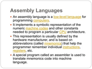 Cont… 
ec201/unit 1/introductory concepts 
10 
 Visual Basic 
Visual Basic (VB) is the third-generation 
event-driven programming language and 
integrated development environment (IDE) from 
Microsoft for its COM programming model. 
Example: HELLO WORLD 
Private Sub Form_Load() 
' Execute a simple message box that will say "Hello, 
World!" 
MsgBox "Hello, World!" 
End Sub 
 