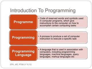 Types of Programming 
ec201/unit 1/introductory concepts 
14 
Structured programming 
A technique for organizing and coding 
computer programs in which a hierarchy of 
modules is used, each having a single entry 
and a single exit point, and in which control is 
passed downward through the structure 
without unconditional branches to higher 
levels of the structure. Three types of control 
flow are used: sequential, test, and iteration. 
 
