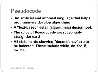Cont… 
ec201/unit 1/introductory concepts 
28 
IPO chart (Input-Process-Output chart) 
IPO is an acronym for Input, Processing and Output. 
Each 
letter represents a column in this three column form: 
 First column lists the variables for the Inputs. 
 Second column shows any processing items 
(variables created within the code) as well as 
the pseudocode or flowchart used to solve the 
problem. 
 Third column list the variables that are to be 
output. 
 