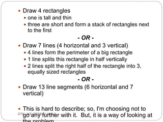 Program Writing 
ec201/unit 1/introductory concepts 
30 
In the design of program it should be written as 
simple as possible. The main objective is to give 
a 
clear, readable programs through an orderly and 
disciplined approach to programming. 
 