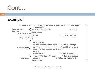 Cont… 
ec201/unit 1/introductory concepts 
42 
Example: 
/* This is a program that computes the sum of two integer 
numbers */ 
#include <iostream.h> // This is a 
preprocessor 
main( ) // include directive 
{ 
int x, y, sum; 
cout << “nEnter first number:”; // This is a prompt 
cin >> x; // Input from console 
cout<< “nEnter second number:”; 
cin>>y; 
sum = x + y; // Adding x and y 
cout << “nSum =” <<sum; // Output to console 
return 0; // Returning a value to the 
environment 
} 
comment 
Preprocessor 
directive 
Function name 
Begin block 
Function Body 
End Block 
 
