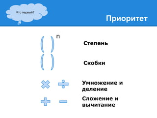 Приоритет 
n 
Степень 
Скобки 
Умножение и 
деление 
Сложение и 
вычитание 
Кто первый? 
 