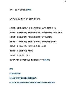 102 
싸우자 자유의 신깃발을. (주석 5) 
민족혁명당 창당 초기의 간부진은 다음과 같다. 
서기부장: 김원봉(의열단), 부원 윤세주(의열단), 김상덕(신한당) 외 1인 
조직부장 : 김두봉(한독당), 부원 김학규(조혁당), 안일청(조혁당), 최석순(한독당) 
선전부장 : 최동오(조혁당), 부원 신익희(신한당), 성주식(의열단) 
군사부장 : 이청천(신한당), 부원 윤기섭(신한당), 김창환(의열단) 외 1인 
국민부장 : 김규식(대한당), 부원 조소앙(한독당) 외 1인 
훈련부장 : 윤기섭(신한당), 부원 3인 
조사부장 : 이광제, 부원 진일오. 
중앙검사위원 : 양기탁(한독당), 홍진(신한당) 외 3인. (주석 6) 
주석 
4> 앞의 책, 84쪽. 
5> <사상정세 사찰보고집> 제3집, 328쪽. 
6> 이강훈 편저, <독립운동대사전> 권 2, 395쪽, 도서출판 동아, 1990. 
 