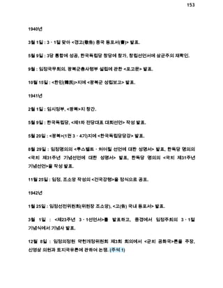 153 
1940년 
3월 1일 : 3ㆍ1절 맞아 <경고(敬告) 중국 동포서(書)> 발표. 
5월 9일 : 3당 통합에 성공, 한국독립당 창당에 참가, 창립선언서에 삼균주의 재확인. 
9월 : 임정국무회의. 광복군총사령부 설립에 관한 <포고문> 발표. 
10월 15일 : <한민(韓民)>지에 <광복군 성립보고> 발표. 
1941년 
2월 1일 : 임시정부, <광복>지 창간. 
5월 9일 : 한국독립당, <제1차 전당대표 대회선언> 작성 발표. 
5월 20일 : <광복>(1권 3ㆍ4기)지에 <한국독립당당강> 발표. 
8월 29일 : 임정명의의 <루스벨트ㆍ처어칠 선언에 대한 성명서> 발표, 한독당 명의의 
<국치 제31주년 기념선언에 대한 성명서> 발표, 한독당 명의의 <국치 제31주년 
기념선언>을 작성 발표. 
11월 25일 : 임정, 조소앙 작성의 <건국강령>을 정식으로 공포. 
1942년 
1월 25일 : 임정선전위원회(위원장 조소앙), <고(告) 국내 동포서> 발표. 
3월 1일 : <제23주년 3ㆍ1선언서>를 발표하고, 중경에서 임정주최의 3ㆍ1절 
기념식에서 기념사 발표. 
12월 8일 : 임정의정원 약헌개정위원회 제3회 회의에서 <균치 공화국>론을 주장, 
신영삼 의원과 토지국유론에 관하여 논쟁. (주석 1) 
 