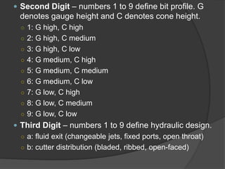  
Second Digit–numbers 1 to 9 define bit profile. G denotes gauge height and C denotes cone height. 
○ 
1: G high, C high 
○ 
2: G high, C medium 
○ 
3: G high, C low 
○ 
4: G medium, C high 
○ 
5: G medium, C medium 
○ 
6: G medium, C low 
○ 
7: G low, C high 
○ 
8: G low, C medium 
○ 
9: G low, C low 
 
Third Digit–numbers 1 to 9 define hydraulic design. 
○ 
a: fluid exit (changeable jets, fixed ports, open throat) 
○ 
b: cutter distribution (bladed, ribbed, open-faced)  