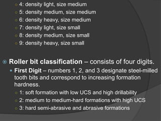○ 
4: density light, size medium 
○ 
5: density medium, size medium 
○ 
6: density heavy, size medium 
○ 
7: density light, size small 
○ 
8: density medium, size small 
○ 
9: density heavy, size small 
 
Roller bit classification –consists of four digits. 
 
First Digit–numbers 1, 2, and 3 designate steel-milled tooth bits and correspond to increasing formation hardness. 
○ 
1: soft formation with low UCS and high drillability 
○ 
2: medium to medium-hard formations with high UCS 
○ 
3: hard semi-abrasive and abrasive formations  