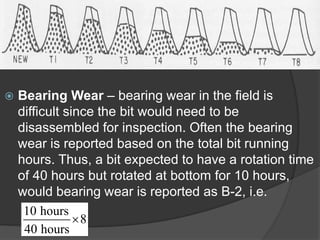  
Bearing Wear–bearing wear in the field is difficult since the bit would need to be disassembled for inspection. Often the bearing wear is reported based on the total bit running hours. Thus, a bit expected to have a rotation time of 40 hours butrotated at bottom for 10 hours, would bearing wear is reported as B-2, i.e. 10 hours840 hours×  