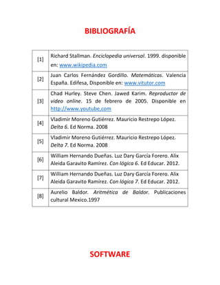 BIBLIOGRAFÍA 
[1] Richard Stallman. Enciclopedia universal. 1999. disponible en: www.wikipedia.com 
[2] Juan Carlos Fernández Gordillo. Matemáticas. Valencia España. Edifesa, Disponible en: www.vitutor.com 
[3] Chad Hurley. Steve Chen. Jawed Karim. Reproductor de video online. 15 de febrero de 2005. Disponible en http://www.youtube,com 
[4] 
Vladimir Moreno Gutiérrez. Mauricio Restrepo López. Delta 6. Ed Norma. 2008 
[5] 
Vladimir Moreno Gutiérrez. Mauricio Restrepo López. Delta 7. Ed Norma. 2008 
[6] 
William Hernando Dueñas. Luz Dary García Forero. Alix Aleida Garavito Ramírez. Con lógica 6. Ed Educar. 2012. 
[7] 
William Hernando Dueñas. Luz Dary García Forero. Alix Aleida Garavito Ramírez. Con lógica 7. Ed Educar. 2012. 
[8] 
Aurelio Baldor. Aritmética de Baldor. Publicaciones cultural Mexico.1997 
SOFTWARE  