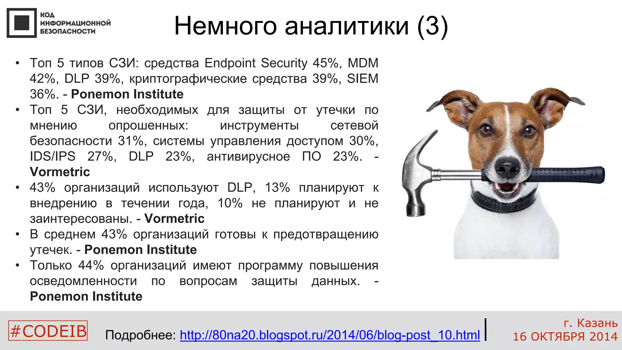 • Топ 5 типов СЗИ: средства Endpoint Security 45%, MDM 
42%, DLP 39%, криптографические средства 39%, SIEM 
36%. - Ponemon Institute 
• Топ 5 СЗИ, необходимых для защиты от утечки по 
мнению опрошенных: инструменты сетевой 
безопасности 31%, системы управления доступом 30%, 
IDS/IPS 27%, DLP 23%, антивирусное ПО 23%. - 
Vormetric 
• 43% организаций используют DLP, 13% планируют к 
внедрению в течении года, 10% не планируют и не 
заинтересованы. - Vormetric 
• В среднем 43% организаций готовы к предотвращению 
утечек. - Ponemon Institute 
• Только 44% организаций имеют программу повышения 
осведомленности по вопросам защиты данных. - 
Ponemon Institute 
#CODEIB 
г. Казань 
16 ОКТЯБРЯ 2014 
Немного аналитики (3) 
Подробнее: http://80na20.blogspot.ru/2014/06/blog-post_10.html 
 