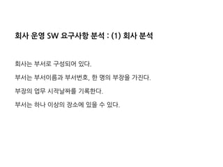 회사운영SW요구사항분석:(1)회사분석 
회사는부서로구성되어있다. 
부서는부서이름과부서번호,한명의부장을가진다. 
부장의업무시작날짜를기록한다. 
부서는하나이상의장소에있을수있다.  
