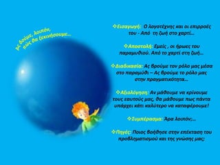 Εισαγωγή: Ο λογοτέχνης και οι επιρροές 
του - Από τη ζωή στο χαρτί… 
Αποστολή: Εμείς , οι ήρωες του 
παραμυθιού. Από το χαρτί στη ζωή… 
Διαδικασία: Ας βρούμε τον ρόλο μας μέσα 
στο παραμύθι – Ας βρούμε το ρόλο μας 
στην πραγματικότητα… 
Αξιολόγηση: Αν μάθουμε να κρίνουμε 
τους εαυτούς μας, θα μάθουμε πως πάντα 
υπάρχει κάτι καλύτερο να καταφέρουμε! 
Συμπέρασμα: Άρα λοιπόν;… 
Πηγές: Ποιος βοήθησε στην επέκταση του 
προβληματισμού και της γνώσης μας; 
 