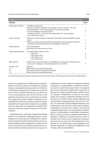 ΔΙΑΓΝΩΣΗ ΚΑΙ ΘΕΡΑΠΕΙΑ ΤΩΝ ΔΥΣΛΙΠΙΔΑΙΜΙΩΝ 161 
Πίνακας 9. Dutch Lipid Clinic Network κριτήρια για τη διάγνωση της ετερόζυγου οικογενούς υπερχοληστερολαιμίας. 
Κριτήρια Score 
Οικογενειακό ιστορικό 1ου βαθμού συγγενείς με: 
• Πρώιμη στεφανιαία ή αγγειακή νόσος (άνδρες 55 ετών; γυναίκες 60 ετών) 
• LDL χοληστερόλη  95° εκατοστημόριο για το φύλο και την ηλικία 
• Τενόντια ξανθώματα ή/και γεροντότοξο 
1ου βαθμού συγγενείς 18 ετών με LDL χοληστερόλη 95° εκατοστημόριο 
για το φύλο και την ηλικία 
1 
1 
2 
2 
Ατομικό ιστορικό Ασθενής με ιστορικό πρώιμης στεφανιαίας νόσου (ηλικίες όπως αναφέρθηκαν παρα- 
πάνω) 
Ασθενής με ιστορικό πρώιμης περιφερικής αγγειακής νόσου ή ισχαιμικού αγγειακού 
εγκεφαλικού επεισοδίου (ηλικίες όπως αναφέρθηκαν παραπάνω) 
2 
1 
© 2014 Ελληνική Εταιρεία Αθηροσκλήρωσης 
μινασών που οφείλεται σε εναπόθεση λίπους (τριγλυκε- 
ριδίων) στο ήπαρ. Σε όλους τους ασθενείς με ομόζυγη 
οικογενή υπεροχοληστερολαιμία πρέπει να εξετάζεται 
η δυνατότητα εφαρμογής LDL αφαίρεσης και μάλιστα 
όσο το δυνατό νωρίτερα (ιδανικά πριν την ηλικία των 
5 ετών και όχι αργότερα από τα 8 έτη). Ωστόσο, η LDL 
αφαίρεση διενεργείται μόνο σε εξειδικευμένα κέντρα. 
Στην Αμερική έχει επίσης εγκριθεί η χορήγηση της μι- 
πομερσένης σε ασθενείς με ομόζυγη οικογενή υπερχο- 
ληστερολαιμία. Η μιμοπερσένη χορηγείται με υποδόρια 
ένεση και αναστέλλει την παραγωγή της apoB-100 στο 
ήπαρ με αποτέλεσμα σημαντική μείωση της LDL χολη- 
στερόλης. 
Συμπερασματικά, η οικογενής υπερχοληστερολαιμία 
αποτελεί ένα σημαντικό πρόβλημα δημόσιας υγείας, 
δεδομένου ότι είναι συχνή στο πληθυσμό και η παρου- 
σία της εγκυμονεί εξαιρετικά υψηλό κίνδυνο για την εμ- 
φάνιση καρδιαγγειακών συμβαμάτων ή ακόμη και θα- 
νάτων σε νέα άτομα. Είναι επομένως φανερό ότι έχει τε- 
ράστια σημασία η έγκαιρη ανίχνευση των ατόμων του 
πληθυσμού που έχουν οικογενή υπερχοληστερολαιμία 
προκειμένου να εφαρμοσθούν κατάλληλα προληπτι- 
κά μέτρα και μάλιστα από μικρή ηλικία. Η εφαρμογή 
μίας τέτοιας προληπτικής στρατηγικής αναμένεται να 
μειώσει τον αυξημένο καρδιαγγειακό κίνδυνο αυτών 
των ασθενών. Επιπρόσθετα, η γνώση ότι ένα άτομο 
πάσχει από οικογενή υπερχοληστερολαιμία είναι ση- 
μαντική και σε επίπεδο προγεννητικής συμβουλής και 
οικογενειακού προγραμματισμού. Ένας από τους στό- 
χους της Ελληνικής Εταιρείας Αθηροσκλήρωσης είναι 
η δημιουργία ενός ελληνικού διαδικτυακού μητρώου 
καταγραφής των ατόμων που πάσχουν από οικογενή 
υπερχοληστερολαιμία με δυο πρωταρχικούς σκοπούς: 
πρώτον να διαγνωσθούν, εκπαιδευθούν και θεραπευ- 
θούν τα άτομα με οικογενή υπερχοληστερολαιμία και 
δεύτερον, η διάδοση της γνώσης σχετικά με αυτό το 
νόσημα στους ιατρούς, στους υπόλοιπους επαγγελμα- 
τίες υγείας και στο ευρύ κοινό. Η διασύνδεση αυτού του 
μητρώου με την ηλεκτρονική συνταγογράφηση και η 
ενεργός συμμετοχή των ιατρών θα συμβάλλουν στην 
επιτυχία αυτής της προσπάθειας. 
Φυσική εξέταση Τενόντια ξανθώματα 
Γεροντότοξο σε ηλικία κάτω των 45 ετών 
6 
4 
Εργαστηριακός έλεγχος LDL χοληστερόλη, mg/dL (mmol/L) 
• 330 (≥8,5) 
• 250–330 (6,5–8,4) 
• 190–250 (5,0–6,4) 
• 159–190 (4,0–4,9) 
8 
5 
3 
1 
DNA ανάλυση Αποτελέσματα γενετικού ελέγχου που επιβεβαιώνουν λειτουργική μετάλλαξη στα γο- 
νίδια του LDL υποδοχέα, της απολιποπρωτεΐνης Β ή της PCSK9 8 
Συνολικό score 
≥8 
6–7 
3–5 
Διάγνωση 
Βέβαιη οικογενής υπερχοληστερολαιμία 
Πολύ πιθανή οικογενής υπερχοληστερολαιμία 
Πιθανή οικογενής υπερχοληστερολαιμία 
LDL χοληστερόλη=χοληστερόλη των χαμηλής πυκνότητας λιποπρωτεϊνών; PCSK9=proprotein convertase subtilisin/kexin9 
 