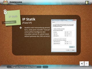 RANGKAIAN 
IP Statik 
Apabila anda menyambung peranti 
baru, anda perlu memilih "manual" 
untuk pilihan konfigurasi dan 
masukkan alamat IP, subnet mask, 
default gateway dan DNS server(s). 
+ 
(Fixed IP) 
Pengenalan Kepada Rangkaian Protokol 
> 
 