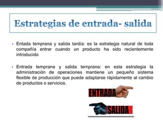 • Entada temprana y salida tardía: es la estrategia natural de toda 
compañía entrar cuando un producto ha sido recientemente 
introducido 
• Entrada temprana y salida temprana: en esta estrategia la 
administración de operaciones mantiene un pequeño sistema 
flexible de producción que puede adaptarse rápidamente al cambio 
de productos o servicios. 
 