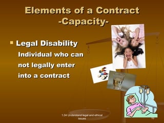 EElleemmeennttss ooff aa CCoonnttrraacctt 
--CCaappaacciittyy-- 
 LLeeggaall DDiissaabbiilliittyy 
IInnddiivviidduuaall wwhhoo ccaann 
nnoott lleeggaallllyy eenntteerr 
iinnttoo aa ccoonnttrraacctt 
1.04 Understand legal and ethical 
issues 
10 
 