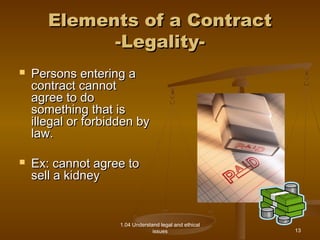 EElleemmeennttss ooff aa CCoonnttrraacctt 
--LLeeggaalliittyy-- 
1.04 Understand legal and ethical 
issues 
 PPeerrssoonnss eenntteerriinngg aa 
ccoonnttrraacctt ccaannnnoott 
aaggrreeee ttoo ddoo 
ssoommeetthhiinngg tthhaatt iiss 
iilllleeggaall oorr ffoorrbbiiddddeenn bbyy 
llaaww.. 
 EExx:: ccaannnnoott aaggrreeee ttoo 
sseellll aa kkiiddnneeyy 
13 
 