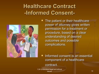 HHeeaalltthhccaarree CCoonnttrraacctt 
--IInnffoorrmmeedd CCoonnsseenntt-- 
 TThhee ppaattiieenntt oorr tthheeiirr hheeaalltthhccaarree 
ppoowweerr ooff aattttoorrnneeyy ggiivveess wwrriitttteenn 
ppeerrmmiissssiioonn ffoorr aa ttrreeaattmmeenntt oorr 
pprroocceedduurree,, bbaasseedd oonn aa cclleeaarr 
uunnddeerrssttaannddiinngg ooff ddeessiirreedd 
oouuttccoommeess aanndd ppoossssiibbllee 
ccoommpplliiccaattiioonnss.. 
 IInnffoorrmmeedd ccoonnsseenntt iiss aann eesssseennttiiaall 
ccoommppoonneenntt ooff aa hheeaalltthhccaarree 
ccoonnttrraacctt.. 
1.04 Understand legal and ethical 
issues 
15 
