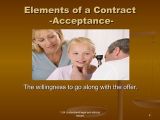 EElleemmeennttss ooff aa CCoonnttrraacctt 
--AAcccceeppttaannccee-- 
TThhee wwiilllliinnggnneessss ttoo ggoo aalloonngg wwiitthh tthhee ooffffeerr.. 
1.04 Understand legal and ethical 
issues 
5 
 