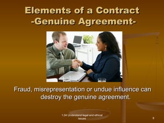 EElleemmeennttss ooff aa CCoonnttrraacctt 
--GGeennuuiinnee AAggrreeeemmeenntt-- 
FFrraauudd,, mmiissrreepprreesseennttaattiioonn oorr uunndduuee iinnfflluueennccee ccaann 
ddeessttrrooyy tthhee ggeennuuiinnee aaggrreeeemmeenntt.. 
1.04 Understand legal and ethical 
issues 
8 
 