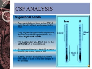 CSF ANALYSIS 
Oligoclonal bands 
 Gamma globulin proteins in the CSF of 
patients with MS are synthesized in the 
CNS 
 They migrate in agarose electrophoresis 
as abnormal discrete populations, so-called 
oligoclonal bands 
 The most widely used CSF test for the 
confirmation of the diagnosis 
 Show several bands in the CSF in more 
than 90 percent of cases of MS 
 But they are not always found with the 
first attack or even in the later stages of 
the disease 
 