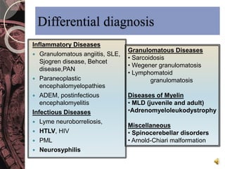 Differential diagnosis 
Inflammatory Diseases 
 Granulomatous angiitis, SLE, 
Sjogren disease, Behcet 
disease,PAN 
 Paraneoplastic 
encephalomyelopathies 
 ADEM, postinfectious 
encephalomyelitis 
Infectious Diseases 
 Lyme neuroborreliosis, 
 HTLV, HIV 
 PML 
 Neurosyphilis 
Granulomatous Diseases 
• Sarcoidosis 
• Wegener granulomatosis 
• Lymphomatoid 
granulomatosis 
Diseases of Myelin 
• MLD (juvenile and adult) 
•Adrenomyeloleukodystrophy 
Miscellaneous 
• Spinocerebellar disorders 
• Arnold-Chiari malformation 
 