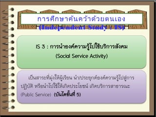 การศึกษาค้นคว้าด้วยตนเอง 
(Independent Study : IS) 
 