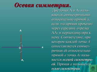 А
А1
аО
Две точки А и АДве точки А и А11 назы-назы-
ваются симметричнымиваются симметричными
относительно прямой а,относительно прямой а,
если эта прямая проходитесли эта прямая проходит
через середину отрезкачерез середину отрезка
АААА11 и перпендикуляра ки перпендикуляра к
нему. Соответствие, принему. Соответствие, при
котором каждой точкекотором каждой точке АА
сопоставляется симмет-сопоставляется симмет-
ричная ей относительноричная ей относительно
прямойпрямой аа точкаточка АА11 назы-назы-
ваетсявается осевой симметри-осевой симметри-
ейей. Прямая. Прямая аа называетсяназывается
осьюосью симметриисимметрии..
Осевая симметрияОсевая симметрия..
 