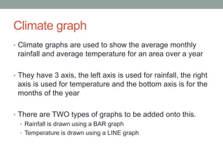 Climate graph 
• Climate graphs are used to show the average monthly 
rainfall and average temperature for an area over a year 
• They have 3 axis, the left axis is used for rainfall, the right 
axis is used for temperature and the bottom axis is for the 
months of the year 
• There are TWO types of graphs to be added onto this. 
• Rainfall is drawn using a BAR graph 
• Temperature is drawn using a LINE graph 
 