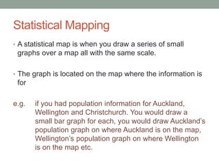 Statistical Mapping 
• A statistical map is when you draw a series of small 
graphs over a map all with the same scale. 
• The graph is located on the map where the information is 
for 
e.g. if you had population information for Auckland, 
Wellington and Christchurch. You would draw a 
small bar graph for each, you would draw Auckland’s 
population graph on where Auckland is on the map, 
Wellington’s population graph on where Wellington 
is on the map etc. 
 