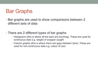 Bar Graphs 
• Bar graphs are used to show comparisons between 2 
different sets of data 
• There are 2 different types of bar graphs 
• Histograms (this is where all the bars are touching). These are used for 
continuous data e.g. weight of snapper caught 
• Column graphs (this is where there are gaps between bars). These are 
used for non-continuous data e.g. colour of cars 
 