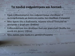 Τα παιδιά εκφράστηκαν και λεκτικά… 
• Είμαι ενθουσιασμένη που εκφραστήκαμε ελεύθερα! Ο 
αυτοσχεδιασμός με έκανε να νιώσω πιο ελεύθερη (Γρηγορία) 
• Μου άρεσε όλη η διαδικασία, πέρασα τέλεια! Ένοιωσα να 
ανοίγεται η ψυχή μου (Στέλλα) 
• Ενθουσιάστηκα που φτιάξαμε δικό μας χορευτικό! Νιώθω πιο 
κοντά στη φύση! (Εβίτα) 
• Μου αρέσει που είμαι ο κ. μενεξές (Γιώργος) 
 