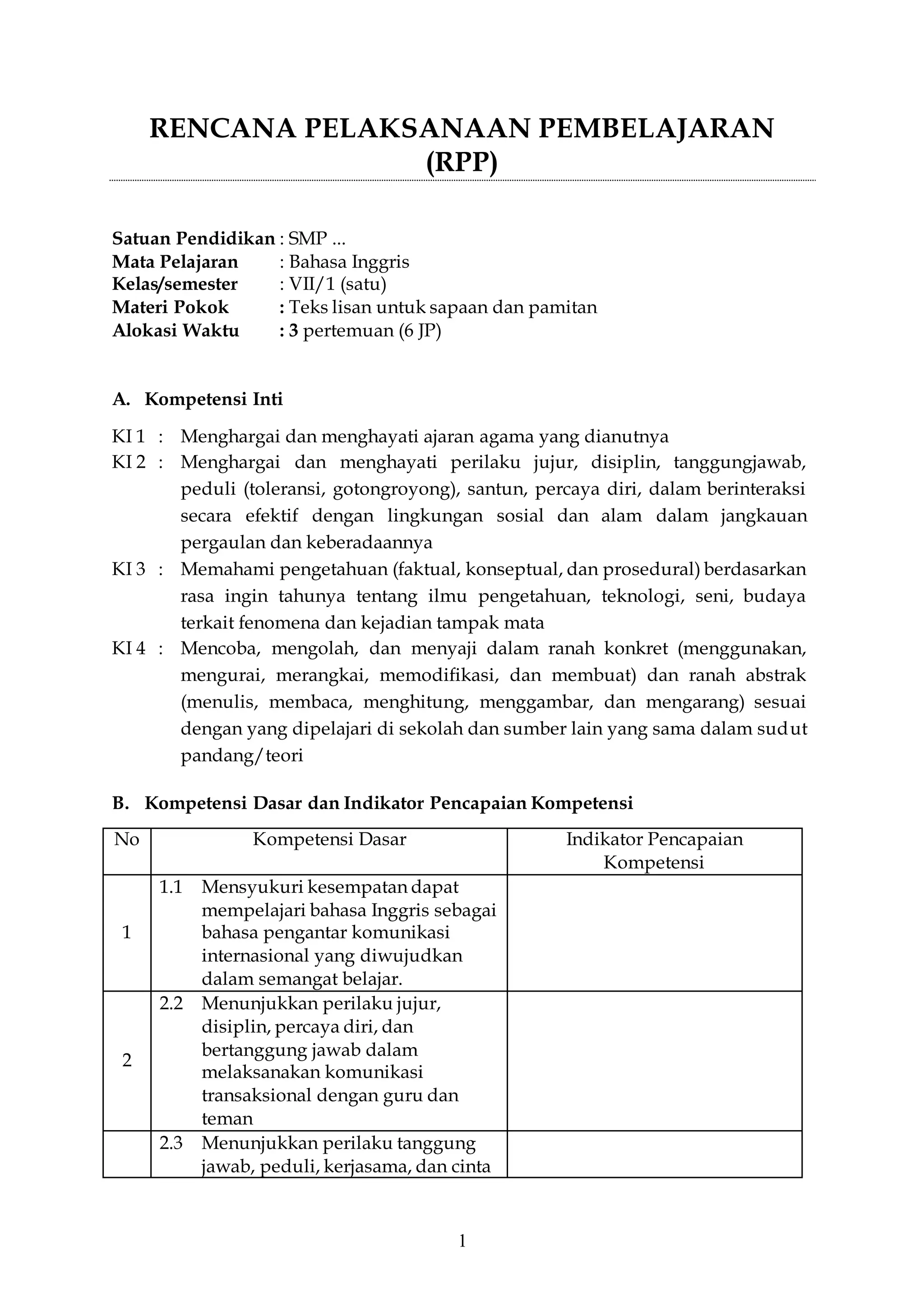 RPP greeting and leave taking Kurikulum 2013 Bahasa Inggris SMP/MTs PDF