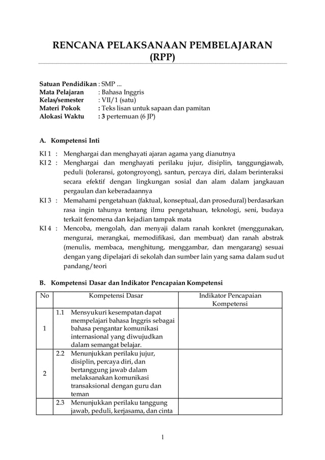 RPP greeting and leave taking - Kurikulum 2013 Bahasa Inggris SMP/MTs