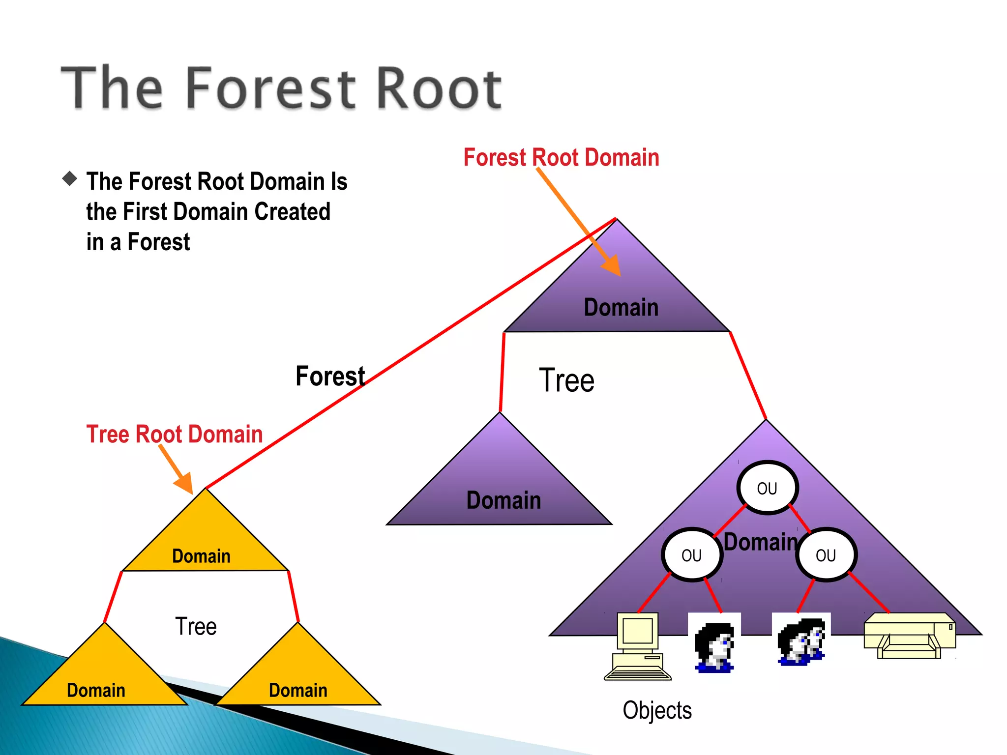 Domain 
OU 
OU Domain OU 
Objects 
Tree 
Domain 
 The Forest Root Domain Is 
the First Domain Created 
in a Forest 
Domain 
Domain 
Domain 
Tree 
Forest 
Forest Root Domain 
Tree Root Domain 
 
