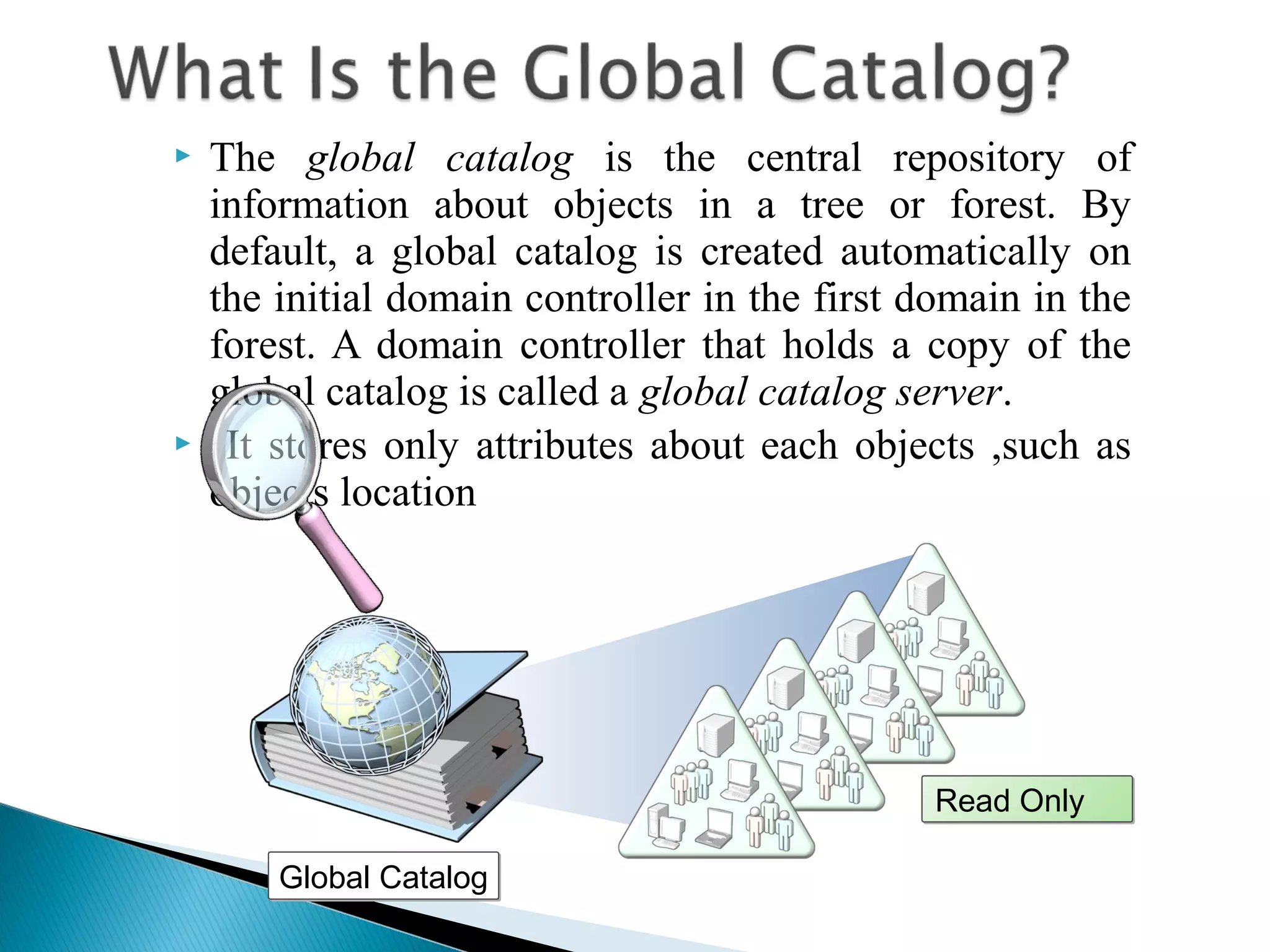  The global catalog is the central repository of 
information about objects in a tree or forest. By 
default, a global catalog is created automatically on 
the initial domain controller in the first domain in the 
forest. A domain controller that holds a copy of the 
global catalog is called a global catalog server. 
 It stores only attributes about each objects ,such as 
objects location 
GGlloobbaall CCaattaalloogg 
RReeaadd OOnnllyy 
 
