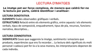 LECTURA D'IMATGES 
La imatge pot ser força complexa, de manera que caldrà fer-ne 
la lectura per parts, caldrà identificar i analitzar: 
LECTURA DENOTATIVA 
ELEMENTS Dades observades: gràfiques i verbals. 
ESTRUCTURES Relació entre els elements gràfics, entre aquests i els elements 
verbals, tipus de composició, enquadrament, tipus de pla, recursos, funcions: 
narrativa, descriptiva... 
LECTURA CONNOTATIVA 
SIGNIFICATS Coses que suggereix la imatge, sentiments i emocions que 
produeix, experiències que ens fa recordar... La lectura dels significats és molt 
personal i cadascú pot fer-la a la seva manera, les interpretacions depenen de 
cada individu. 
 