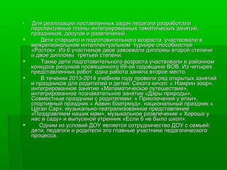  Для реализации поставленных ззааддаачч ппееддааггооггии ррааззррааббооттааллии 
ппееррссппееккттииввнныыее ппллаанныы ииннттееггрриирроовваанннныыхх ттееммааттииччеессккиихх ззаанняяттиийй,, 
ппррааззддннииккоовв,, ддооссууггоовв ии ррааззввллееччеенниийй.. 
 ДДееттии ссттаарршшееггоо ии ппооддггооттооввииттееллььннооггоо ввооззрраассттаа ууччаассттввооввааллии вв 
ммеежжррееггииооннааллььнноомм ииннттееллллееккттууааллььнноомм ттууррннииррее ссппооссооббннооссттеейй 
«РРооссттоокк».. ИИзз 66 ууччаассттннииккоовв ддввооее ззааввооееввааллии ддииппллооммыы ввттоорроойй ссттееппееннии 
ии ддввооее ддииппллооммыы ттррееттььеейй ссттееппееннии.. 
 ТТааккжжее ддееттии ппооддггооттооввииттееллььннооггоо ввооззрраассттаа ууччаассттввооввааллии вв ррааййоонннноомм 
ккооннккууррссее ррииссууннккоовв ппооссввяящщееннннооггоо 6699--оойй ггооддооввщщииннее ВВООВВ.. ИИзз ччееттыырреехх 
ппррееддссттааввллеенннныыхх ррааббоотт ооддннаа ррааббооттаа ззаанняяллаа ввттооррооее ммеессттоо.. 
 ВВ ттееччееннииии 22001133--22001144 ууччееббнноомм ггооддуу ппррооввееллии рряядд ооттккррыыттыыхх ззаанняяттиийй 
ии ппррааззддннииккоовв ддлляя ррооддииттееллеейй ии ддееттеейй:: ССееккээттээ ккииччээлл:: « ННааммрриинн ззоооорр»,, 
ииннттееггррииррооввааннннооее ззаанняяттииее «ММааттееммааттииччеессккооее ппууттеешшеессттввииее»,, 
ииннттееггррииррооввааннннооее ппооззннааввааттееллььннооее ззаанняяттииее «ДДааррыы ппррииррооддыы».. 
ССооввммеессттнныыее ппррааззддннииккии сс ррооддииттеелляяммии:: « ППррииккллююччеенниияя уу ееллккии»,, 
ссппооррттииввнныыйй ппрраазздднниикк « ААааввиинн ббааааттррммуудд»,, ннааццииооннааллььнныыйй ппрраазздднниикк « 
ЦЦааггаанн ССаарр»,, ммууззыыккааллььнноо--ттееааттррааллииззооввааннннооее ппррееддссттааввллееннииее 
«ППооззддррааввлляяеемм ннаашшиихх ммаамм»,, ммууззыыккааллььннооее ррааззввллееччееннииее « ХХоорроошшоо уу 
ннаасс вв ссааддуу» ии ввыыппууссккнноойй ууттрреенннниикк «ЕЕссллии бб ннее ббыыллоо шшккоолл».. 
 ООдднниимм иизз ууссллооввиийй ДДООУУ яяввлляяееттссяя ссооттррууддннииччеессттввоо ДДООУУ сс ссееммььеейй:: 
ддееттии,, ппееддааггооггии ии ррооддииттееллии ээттоо ггллааввнныыее ууччаассттннииккии ппееддааггооггииччеессккооггоо 
ппррооццеессссаа.. 
 