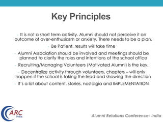 Key Principles 
- It is not a short term activity. Alumni should not perceive it an 
outcome of over-enthusiasm or anxiety. There needs to be a plan. 
- Be Patient, results will take time 
- Alumni Association should be involved and meetings should be 
planned to clarify the roles and intentions of the school office 
- Recruiting/Managing Volunteers (Motivated Alumni) is the key. 
- Decentralize activity through volunteers, chapters – will only 
happen if the school is taking the lead and showing the direction 
- It’s a lot about content, stories, nostalgia and IMPLEMENTATION 
Alumni Relations Conference- India 
 