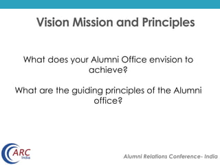 Vision Mission and Principles 
What does your Alumni Office envision to 
achieve? 
What are the guiding principles of the Alumni 
Alumni Relations Conference- India 
office? 
 