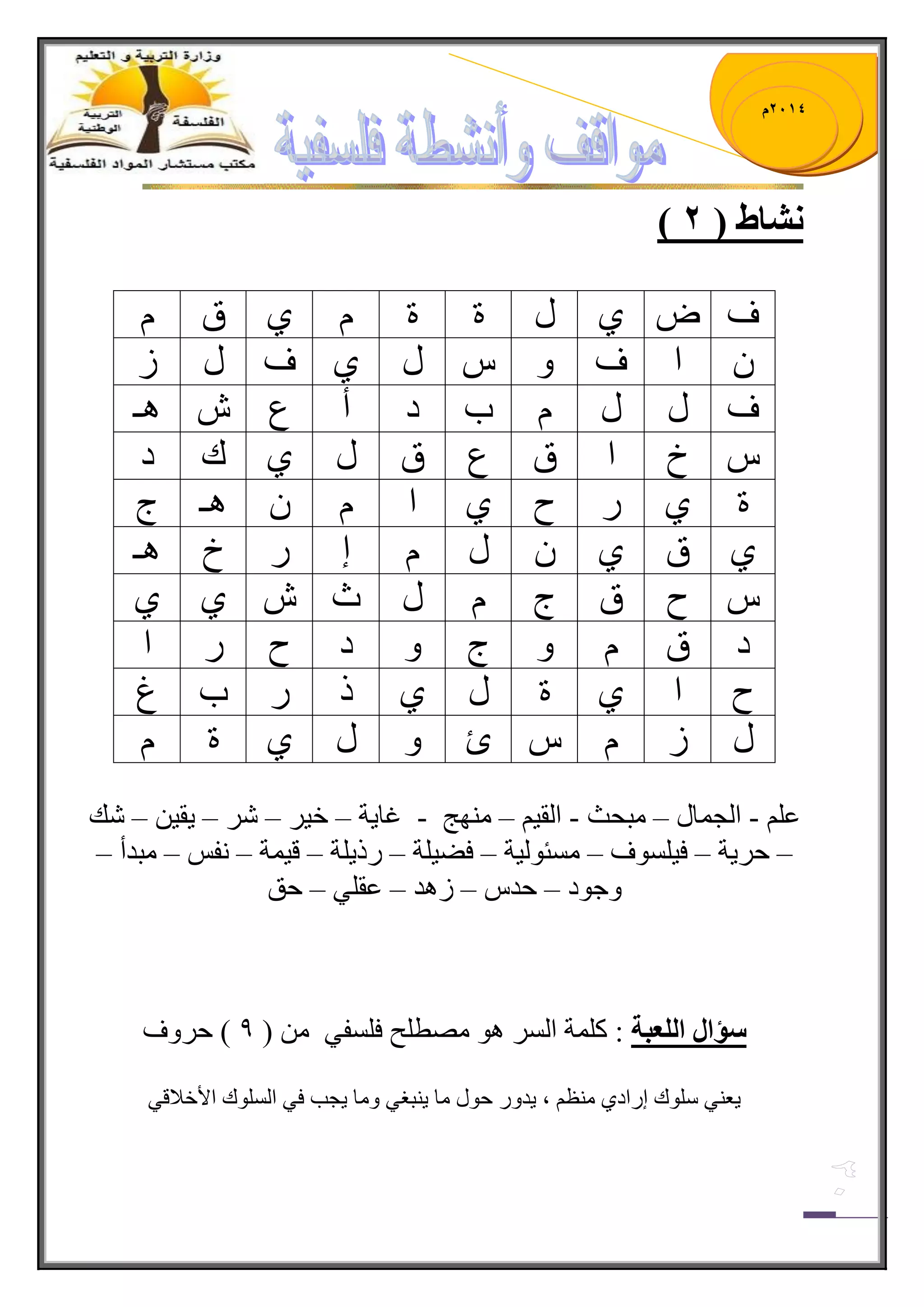 1023 م 
) شَاط ) 2 
ف ٜ ٞ ي ز ز َٞ ق جْ ف ٚ يِ ٞ ف ي ف ي ي خَ و أ ع ـٔ٘ 
لِ ج ق ع ق ي ٞ ن و 
ز ٞ ـٌ ٞ ج ـَْ٘ ؼ 
ٞ ق ٞ يْ ئَ لٌ ـ٘ 
ـِ ق ؼ يَ ظ ٞٔ ٞ 
و ق َٚ ؼ ٚ و ـ جٌ 
ـ ج ٞ ز ي ٞ ي خٌ ؽ 
ي بََِ ٚ ي ٞ ز ٠م ١ هٖ – – – – – – - - - ػ ج ؿٌ حّي رِكع ج مٌ ١ ِٕٙؽ غح ٠س ن ١ 
ق ٠ٍس ف ١ ٍٛٓف ثِٓٛ ١ٌس فٟ ١ سٍ يٌ ٠ سٍ ل ١ سّ فٔ رِىأ – – – – – – – – – 
ٚؾٛو قى ىَ٘ ػم ٍٟ قك – – – – 
سؤال انهعثح : و سٍّ ج ٛ٘ ِٛط فٍ ف فٍٟٓ ) 9 ( ق ٍٚف 
٠ؼ ٟٕ ٍْٛن ئ جٌوٞ ظِٕ ، ٠ىٚ قٛي حِ ٠ رٕغٟ ٚ حِ ٠ؿد فٟ ج ٌٍٛٓن جلأنلالٟ 
 