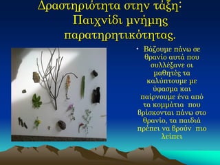 Δραστηριότητα στην τάξη: Παιχνίδι μνήμης παρατηρητικότητας. 
•Βάζουμε πάνω σε θρανίο αυτά που συλλέξανε οι μαθητές τα καλύπτουμε με ύφασμα και παίρνουμε ένα από τα κομμάτια που βρίσκονται πάνω στο θρανίο, τα παιδιά πρέπει να βρούν πιο λείπει  