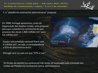 Em 2009, Portugal apresentou, junto da Organização das Nações Unidas, uma proposta para que a plataforma continental do país passasse dos atuais 1.800 milhões km2 para 3,6 milhões km2 
Portugal será um país em que "97% é mar”. 
5. A “plataforma continental administrativa” proposta 
Espaço sob jurisdição nacional ficará com 4 milhões km2, ou seja, o correspondente a 91% da área emersa da EU. 
Os limites da plataforma continental irão ainda ser analisados pela Comissão dos Limites da Plataforma Continental (senso administrativo)  