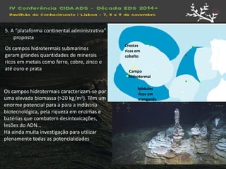 Os campos hidrotermais submarinos geram grandes quantidades de minerais ricos em metais como ferro, cobre, zinco e até ouro e prata 
Os campos hidrotermais caracterizam-se por uma elevada biomassa (>20 kg/m2). Têm um enorme potencial para a para a indústria biotecnológica, pela riqueza em enzimas e batérias que combatem desintoxicações, lesões do ADN… 
Há ainda muita investigação para utilizar plenamente todas as potencialidades 
Crostas ricas em cobalto 
Campo hidrotermal 
Nódulos ricos em manganês 
5. A “plataforma continental administrativa” proposta  