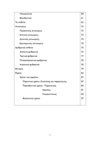 3 
Υποκοριστικά 
Μεγεθυντικά 
Τα επίθετα 
Αντωνυμίες 
Προσωπικές αντωνυμίες 
Κτητικές αντωνυμίες 
Δεικτικές αντωνυμίες 
Ερωτηματικές αντωνυμίες 
Αριθμητικά επίθετα 
Απόλυτα αριθμητικά 
Τακτικά αριθμητικά 
Πολλαπλασιαστικά αριθμητικά 
Αναλογικά αριθμητικά 
Μετοχές 
Ρήματα 
Χρόνοι των ρημάτων 
Παροντικοί χρόνοι: Ενεστώτας και παρακείμενος 
Παρελθοντικοί χρόνοι: Παρατατικός 
Αόριστος 
Υπερσυντέλικος 
Μελλοντικοί χρόνοι 
59 
61 
62 
72 
72 
73 
74 
75 
76 
76 
77 
78 
78 
79 
83 
87 
87 
89 
91 
94 
97 
 