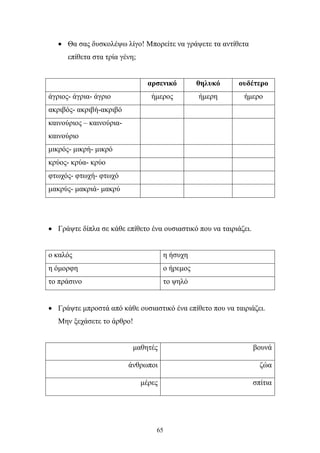 • Θα σας δυσκολέψω λίγο! Μπορείτε να γράψετε τα αντίθετα 
65 
επίθετα στα τρία γένη; 
αρσενικό θηλυκό ουδέτερο 
άγριος- άγρια- άγριο ήμερος ήμερη ήμερο 
ακριβός- ακριβή-ακριβό 
καινούριος – καινούρια- 
καινούριο 
μικρός- μικρή- μικρό 
κρύος- κρύα- κρύο 
φτωχός- φτωχή- φτωχό 
μακρύς- μακριά- μακρύ 
• Γράψτε δίπλα σε κάθε επίθετο ένα ουσιαστικό που να ταιριάζει. 
ο καλός η ήσυχη 
η όμορφη ο ήρεμος 
το πράσινο το ψηλό 
• Γράψτε μπροστά από κάθε ουσιαστικό ένα επίθετο που να ταιριάζει. 
Μην ξεχάσετε το άρθρο! 
μαθητές βουνά 
άνθρωποι ζώα 
μέρες σπίτια 
 