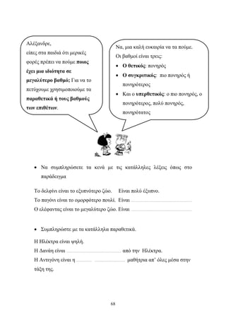 Αλέξανδρε, 
είπες στα παιδιά ότι μερικές 
φορές πρέπει να πούμε ποιος 
έχει μια ιδιότητα σε 
μεγαλύτερο βαθμό; Για να το 
πετύχουμε χρησιμοποιούμε τα 
παραθετικά ή τους βαθμούς 
των επιθέτων. 
Να, μια καλή ευκαιρία να τα πούμε. 
Οι βαθμοί είναι τρεις: 
• Ο θετικός: πονηρός 
• Ο συγκριτικός: πιο πονηρός ή 
πονηρότερος 
• Και ο υπερθετικός: ο πιο πονηρός, ο 
πονηρότερος, πολύ πονηρός, 
πονηρότατος 
• Να συμπληρώσετε τα κενά με τις κατάλληλες λέξεις όπως στο 
68 
παράδειγμα 
Το δελφίνι είναι το εξυπνότερο ζώο. Είναι πολύ έξυπνο. 
Το παγόνι είναι το ομορφότερο πουλί. Είναι …………………………………………………… 
Ο ελέφαντας είναι το μεγαλύτερο ζώο. Είναι …………………………………………………… 
• Συμπληρώστε με τα κατάλληλα παραθετικά. 
Η Ηλέκτρα είναι ψηλή. 
Η Δανάη είναι ……………………………………………… από την Ηλέκτρα. 
Η Αντιγόνη είναι η …………… ………………………… μαθήτρια απ’ όλες μέσα στην 
τάξη της. 
 