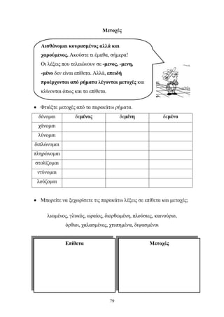 Μετοχές 
Αισθάνομαι κουρασμένος αλλά και 
χαρούμενος. Ακούστε τι έμαθα, σήμερα! 
Οι λέξεις που τελειώνουν σε -μενος, -μενη, 
-μένο δεν είναι επίθετα. Αλλά, επειδή 
προέρχονται από ρήματα λέγονται μετοχές και 
κλίνονται όπως και τα επίθετα. 
• Προσπάθησε να σχηματίσεις μετοχές από τα 
79 
παρακάτω ρήματα. 
• Φτιάξτε μετοχές από τα παρακάτω ρήματα. 
δένομαι δεμένος δεμένη δεμένο 
χάνομαι 
λύνομαι 
διπλώνομαι 
πληρώνομαι 
στολίζομαι 
ντύνομαι 
λούζομαι 
• Μπορείτε να ξεχωρίσετε τις παρακάτω λέξεις σε επίθετα και μετοχές; 
λιωμένος, γλυκός, ωραίος, διορθωμένη, πλούσιες, καινούριο, 
όρθιοι, χαλασμένες, χτυπημένα, διψασμένοι 
Επίθετα Μετοχές 
 
