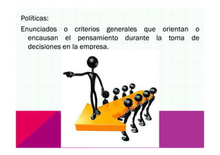 Políticas:
Enunciados o criterios generales que orientan o
encausan el pensamiento durante la toma de
decisiones en la empresa.
 